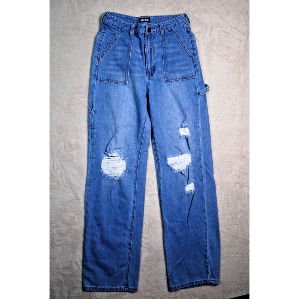 Katie J NYC Tween Med Wash Wide Leg Distressed Carpenter Jeans Size XS